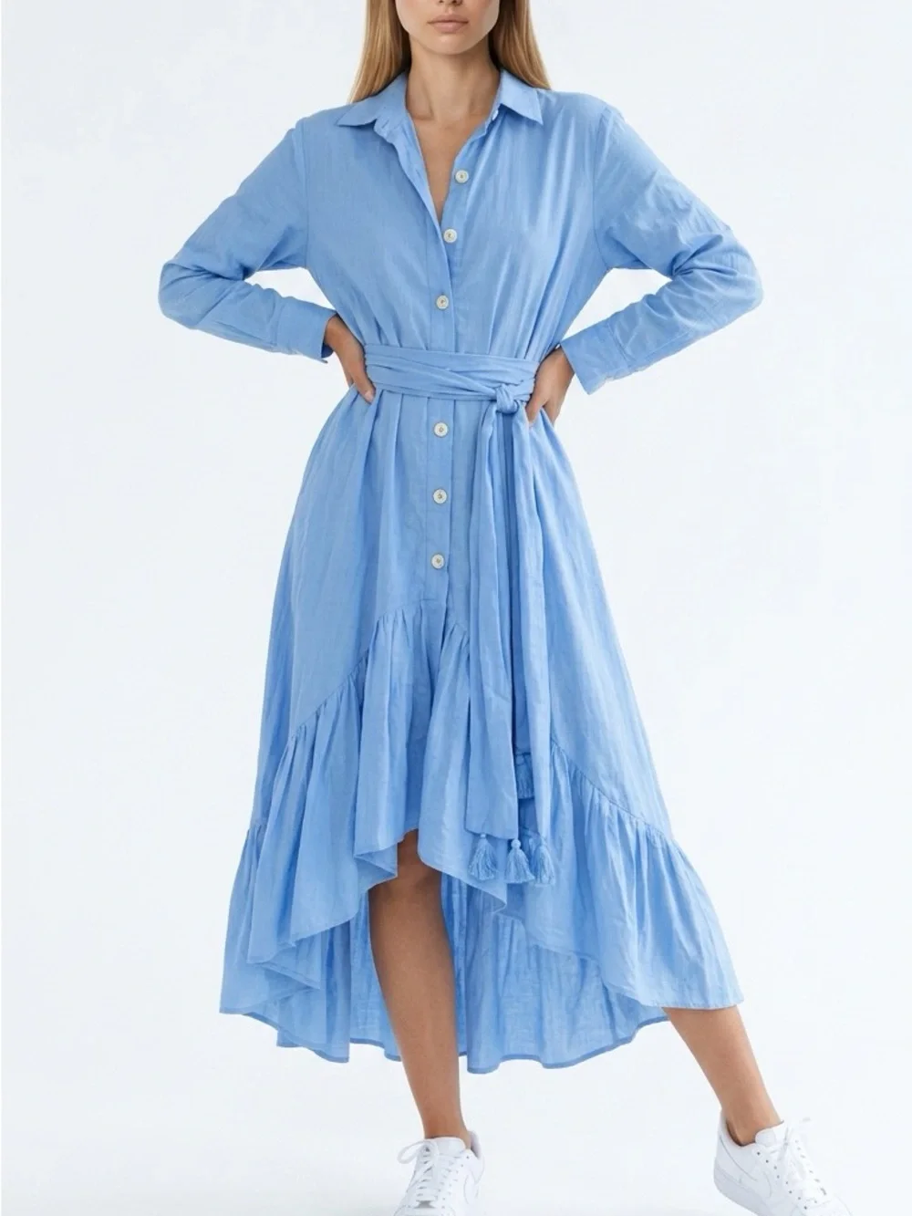 Designer Erika Peña Lt. Blue RITA hi-lo tiered Shirt Dress+ Waist Tie - Picture 1 of 9